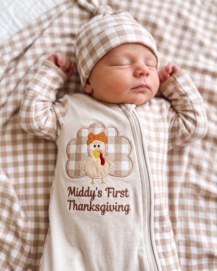 Custom Name First Thanksgiving Embroidered Bamboo Zipper Footie