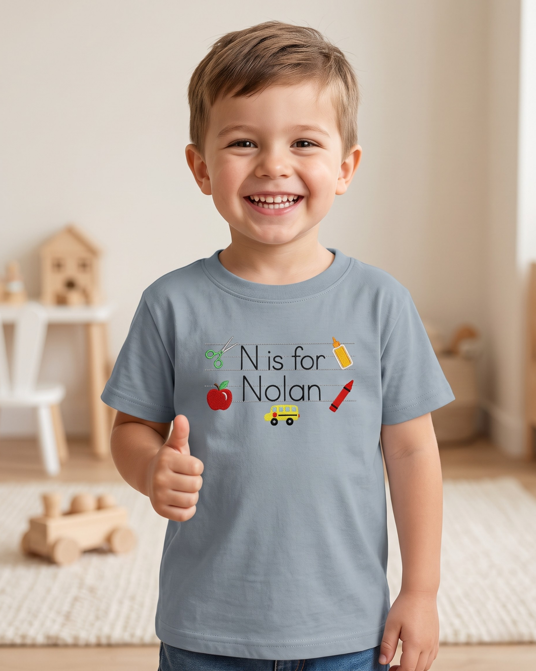 Custom Name Hello Classroom Embroidered Bamboo Crewneck T-Shirt