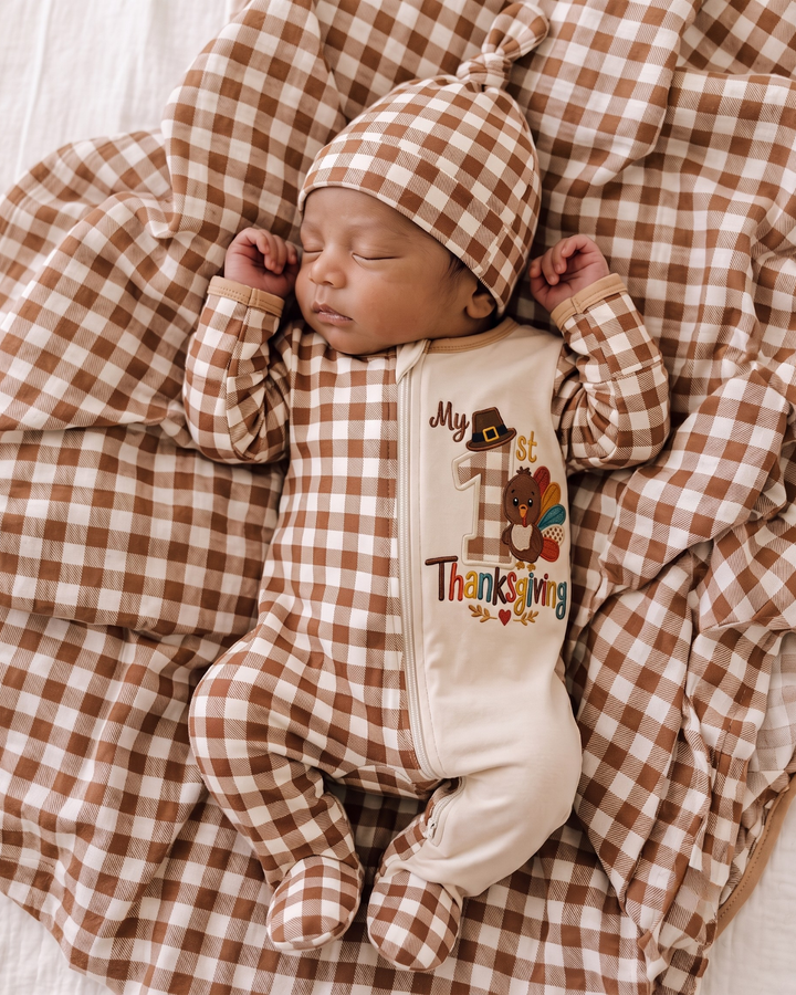 My First Thanksgiving Turkey Embroidered Bamboo Zipper Footie