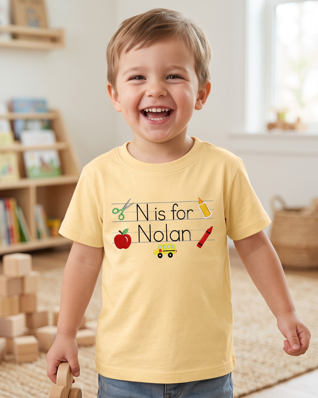 Custom Name Hello Classroom Embroidered Bamboo Crewneck T-Shirt