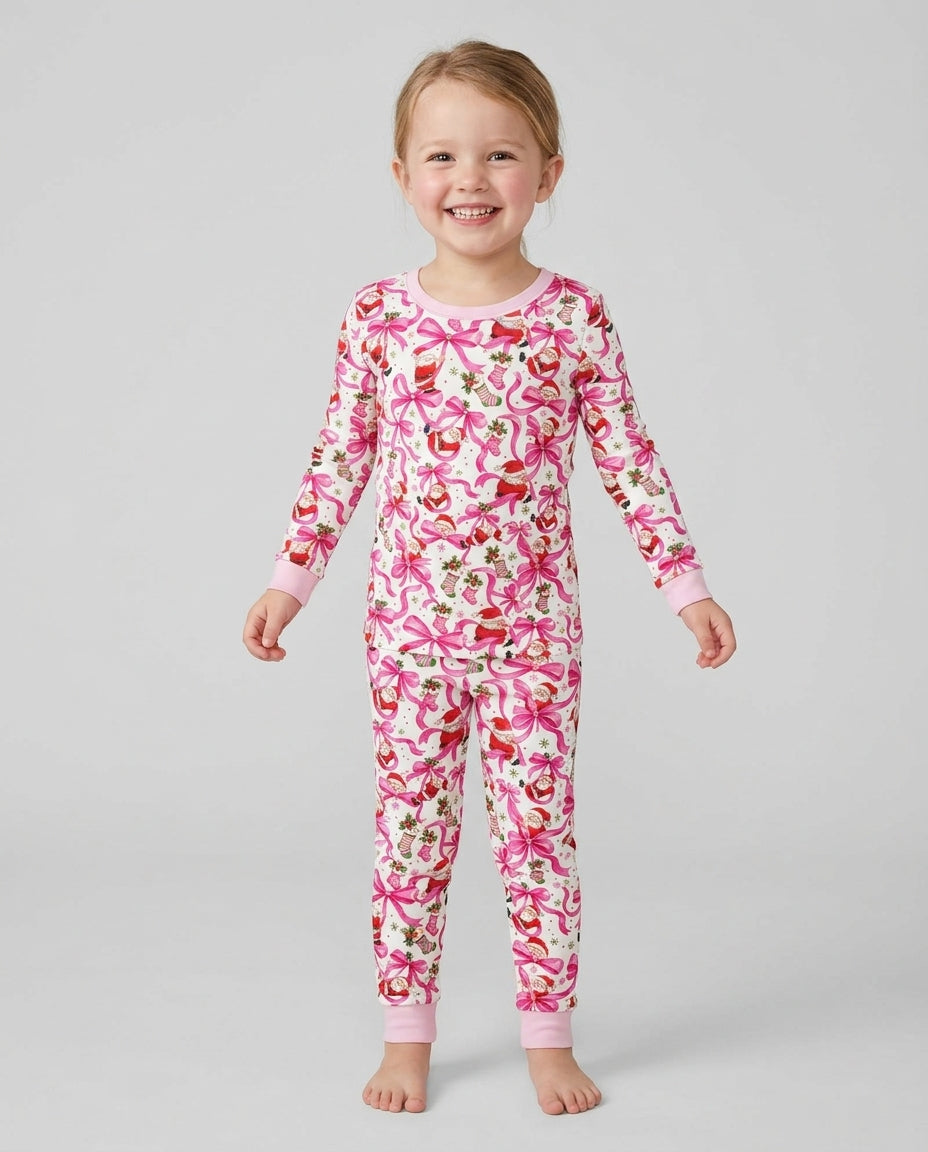 Pink Christmas Santa Bows Bamboo Two Piece Long Sleeve Pajama Set