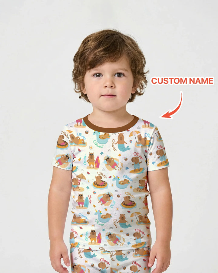Don't Worry, Be Capy Custom Name Bamboo Two Piece Short Sleeve Shorts Pajama Set