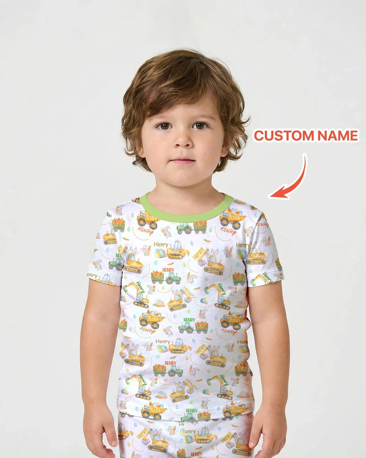 Easter Construction Vehicles Custom Name Bamboo Two Piece Short Sleeve Shorts Pajama Set