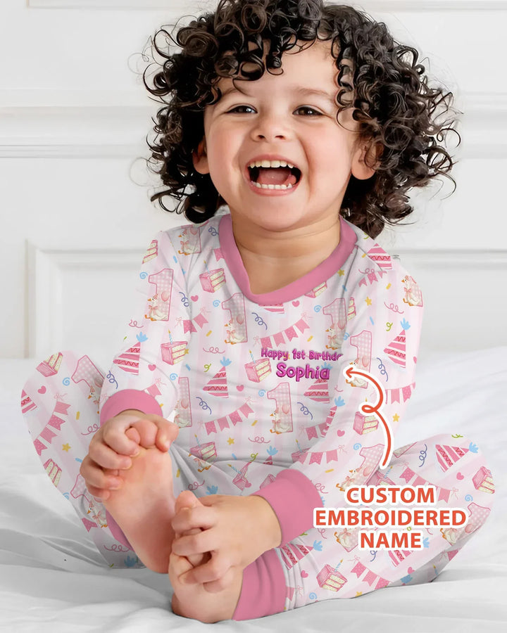 1st Birthday Girl Embroidered Baby Bamboo Two Piece Long Sleeve Pajama Set