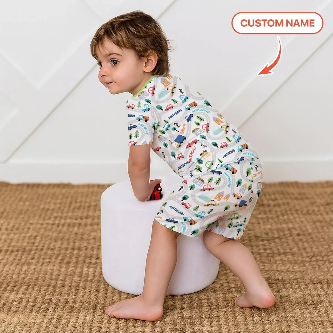 Custom Name Road Map Bamboo Two Piece Short Sleeve Shorts Pajama Set