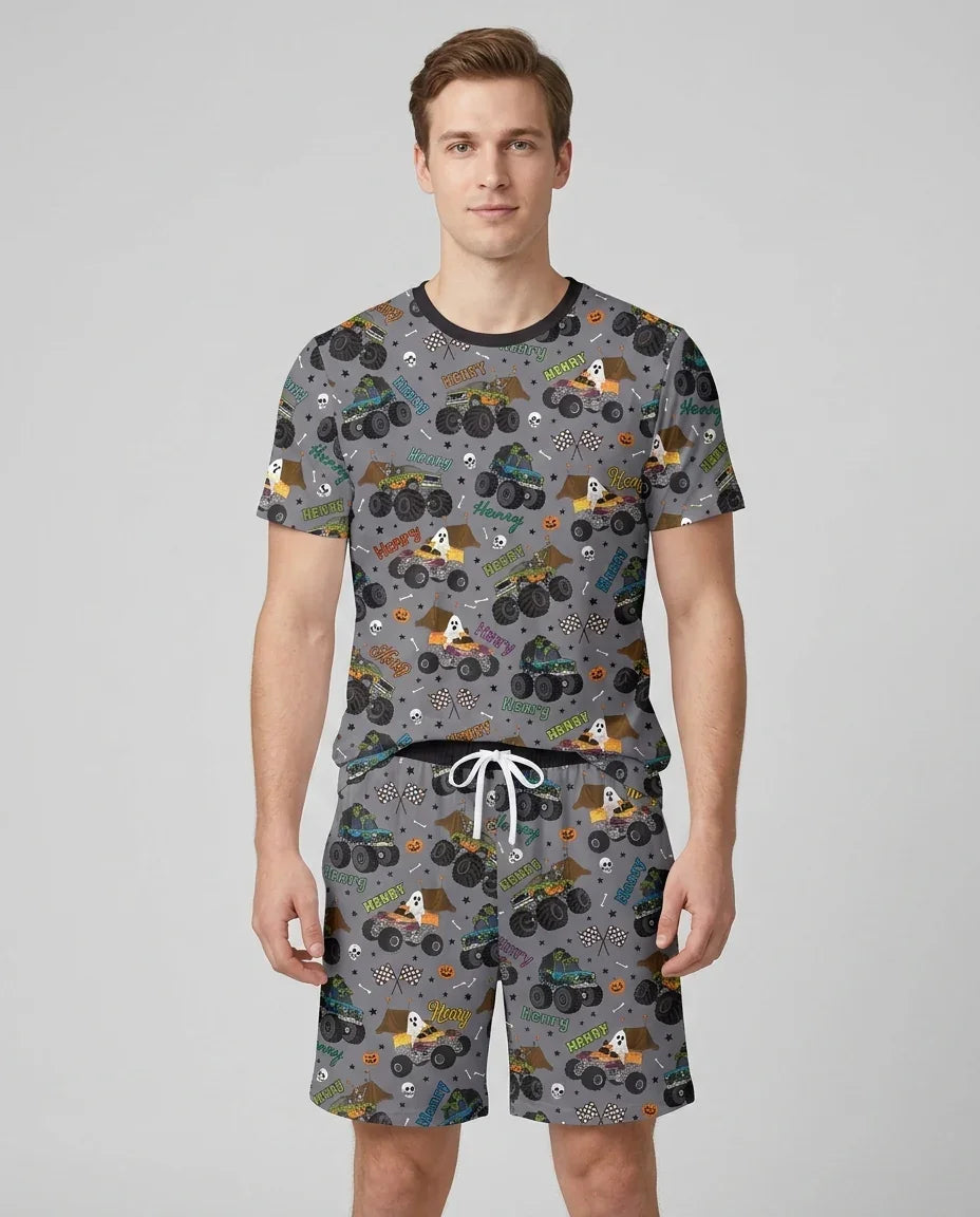 Custom Name Halloween Creepy Crusher Family Matching Bamboo Men Short Sleeve Short Pajama Set