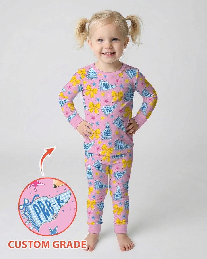 Pencil Bow Back To School Bamboo Two Piece Long Sleeve Pajama Set
