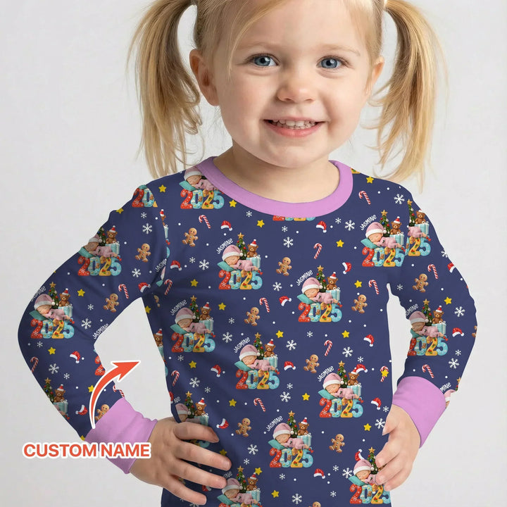 Custom Name Baby Girl's First Christmas Bamboo Two Piece Long Sleeve Pajama Set