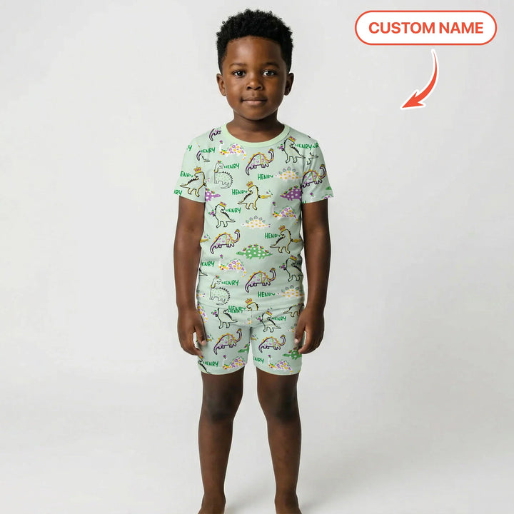 Custom Name Mardi Gras Saurus Bamboo Two Piece Short Sleeve Shorts Pajama Set