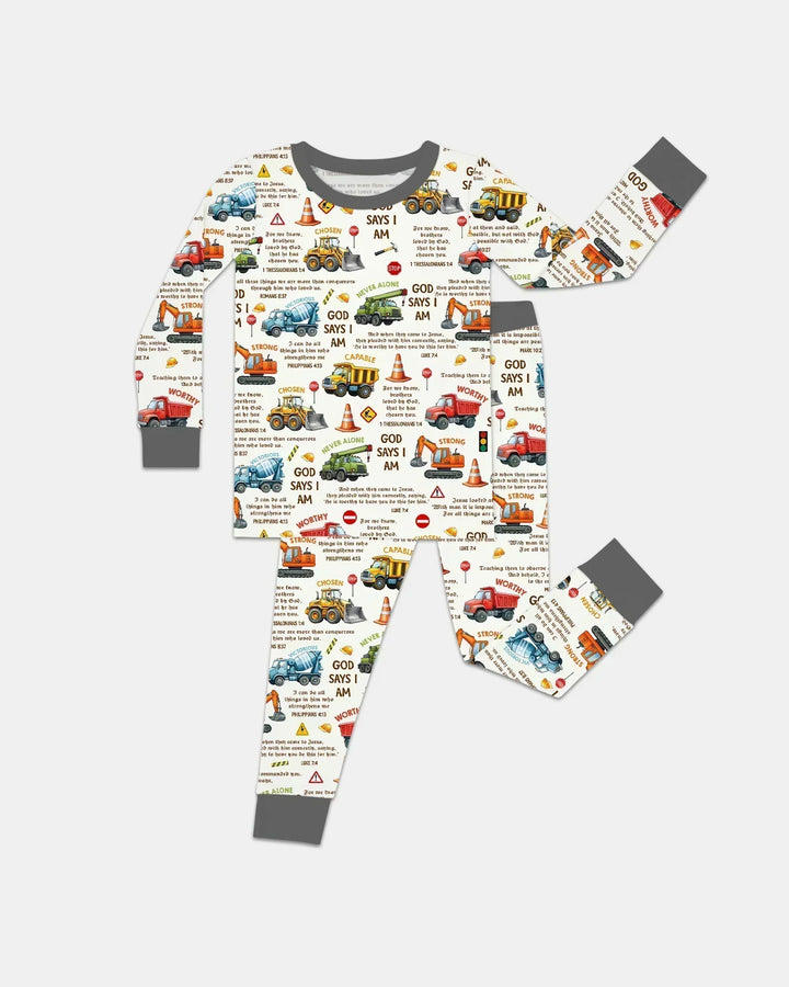 Bible Verse Construction Trucks Bamboo Two Piece Long Sleeve Pajama Set
