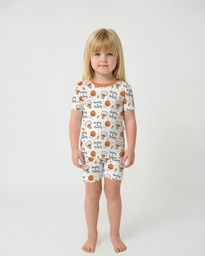 Funny Basketball Hooping & Pooping Bamboo Two Piece Short Sleeve Shorts Pajama Set