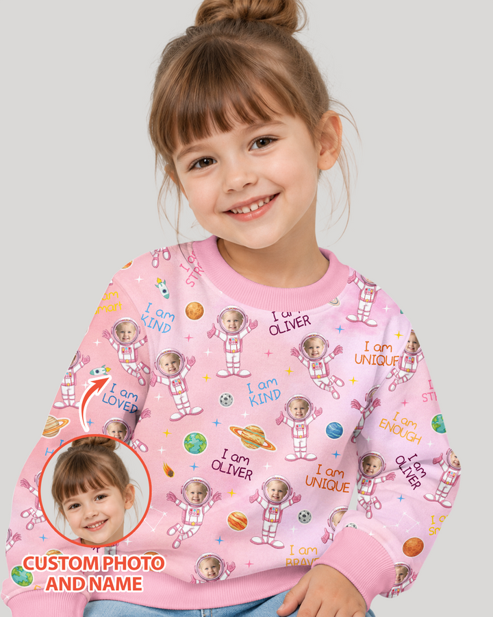 Custom Photo Kid Affirmations I Am Kind Astronaut Bamboo Crewneck Sweatshirt