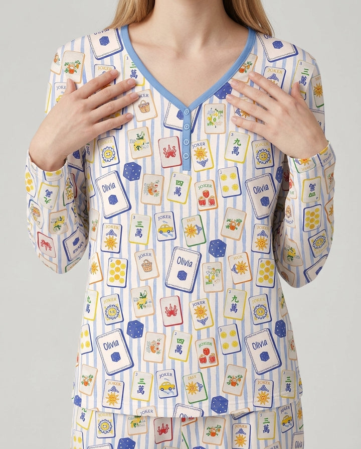 Coastal Mahjong Custom Name Mommy & Me Matching Bamboo Women Pajama Set