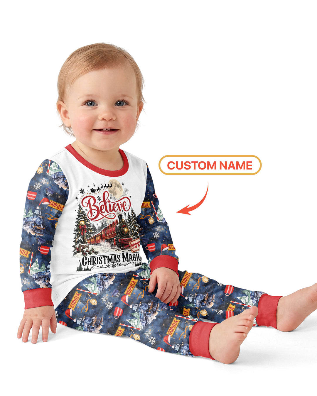 Believe North Pole Train Custom Name  Bamboo Two Piece Long Sleeve Pajama Set