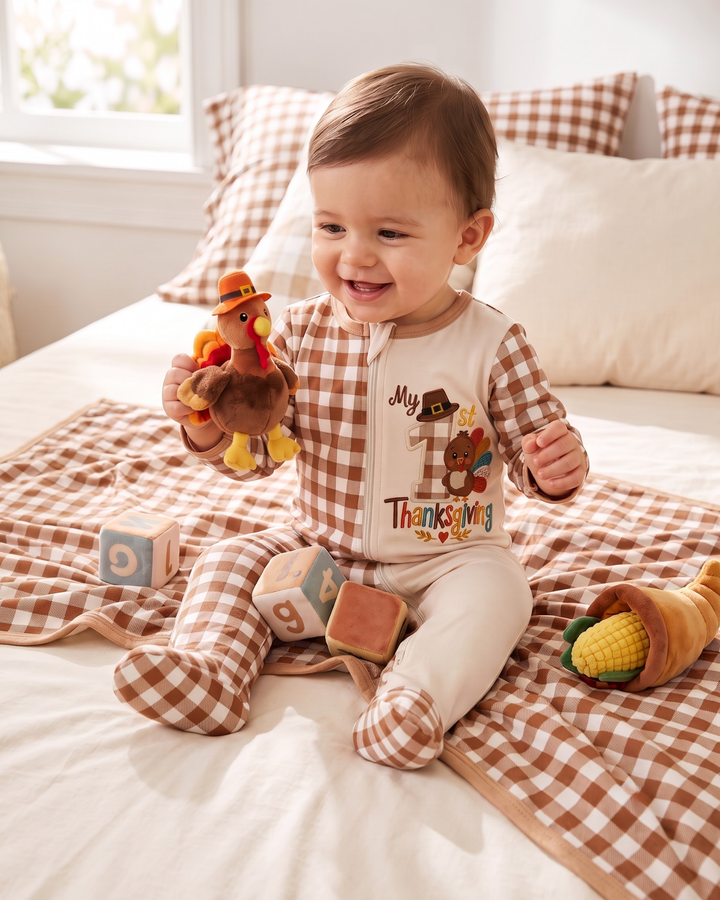 My First Thanksgiving Turkey Embroidered Bamboo Zipper Footie