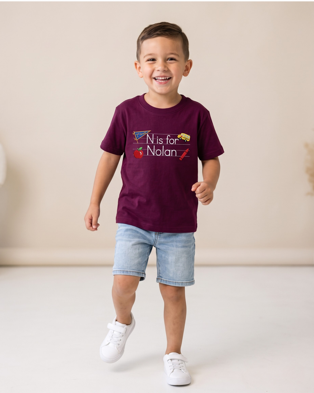 Custom Name Hello School Embroidered Bamboo Crewneck T-Shirt