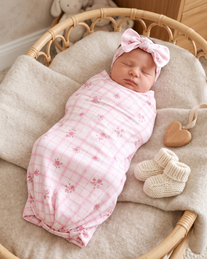 Pink Rose Gingham Bamboo Swaddle Blanket