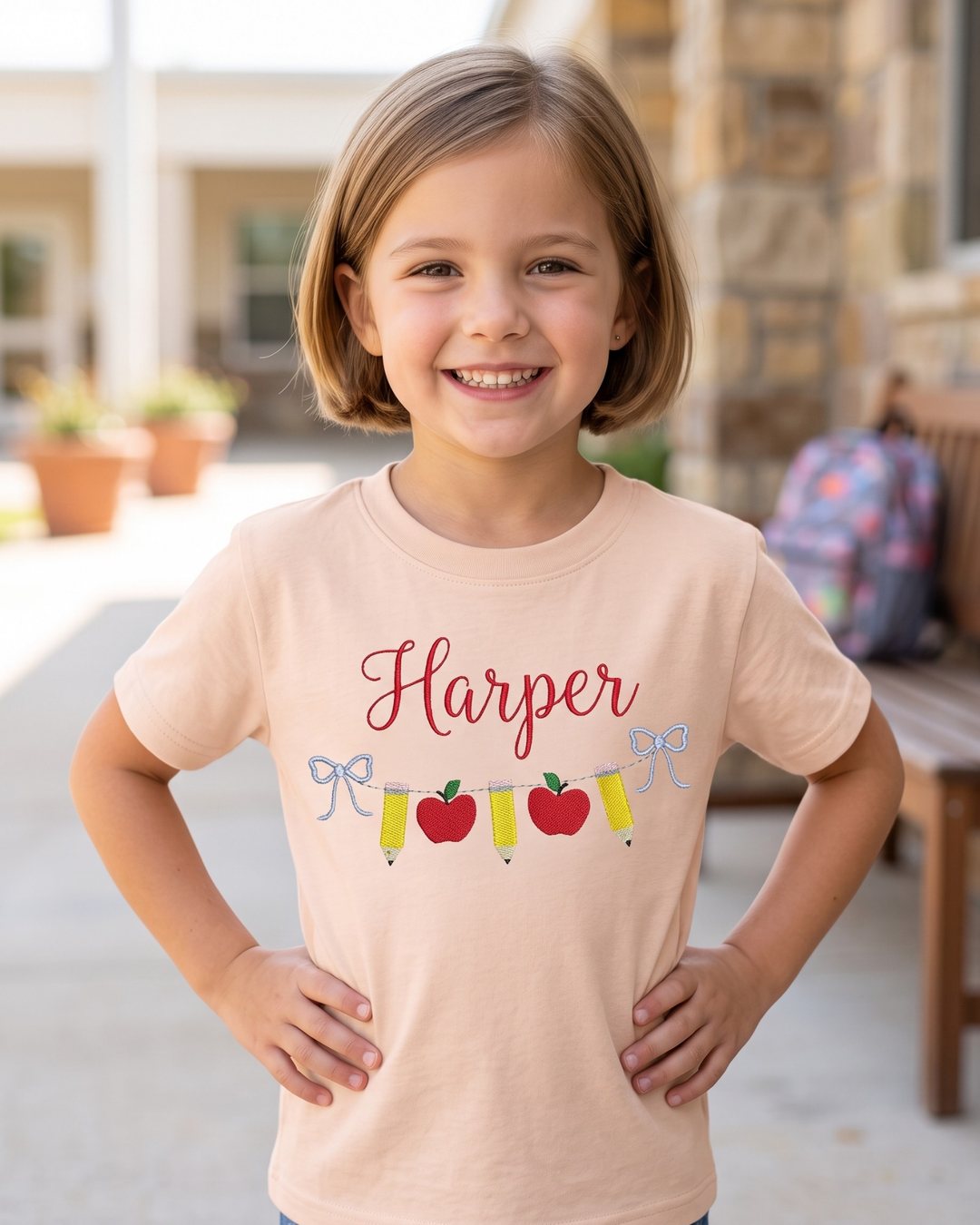 Custom Name Pencil Charm Embroidered Bamboo Crewneck T-Shirt
