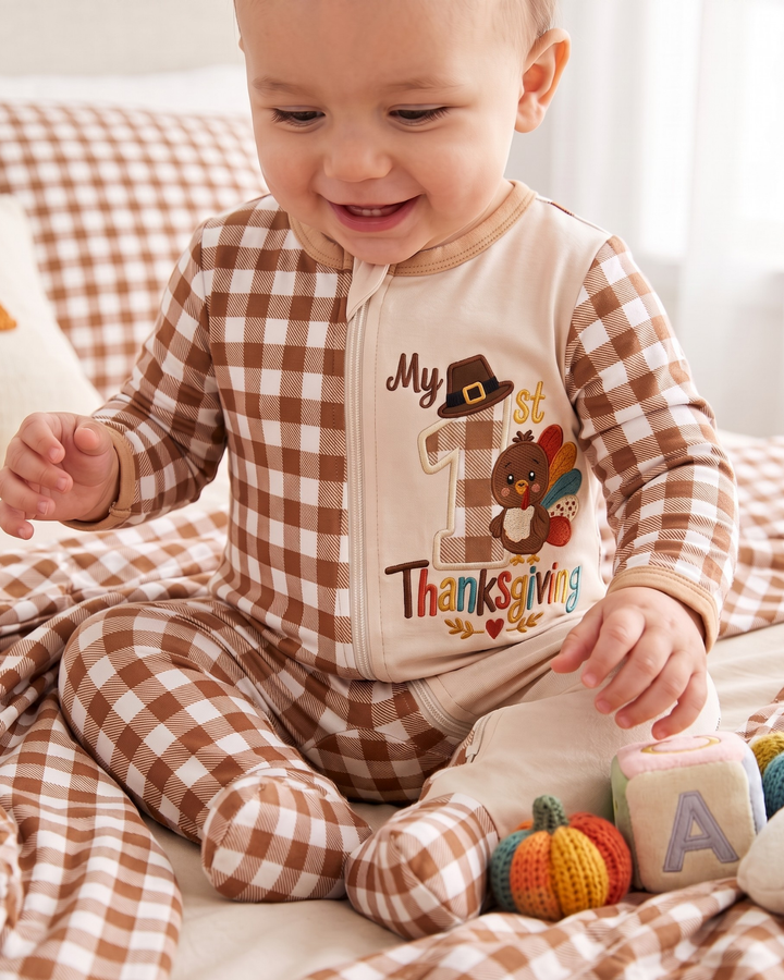 My First Thanksgiving Turkey Embroidered Bamboo Zipper Footie