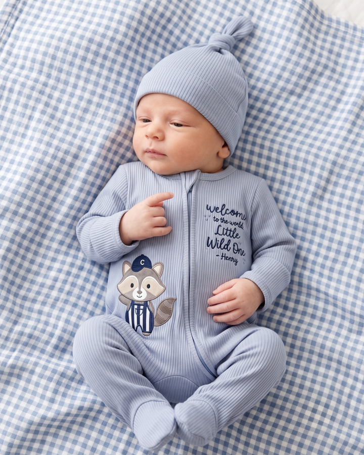 Custom Name Little Wild One Raccoon Embroidered Ribbed Bamboo Zipper Footie