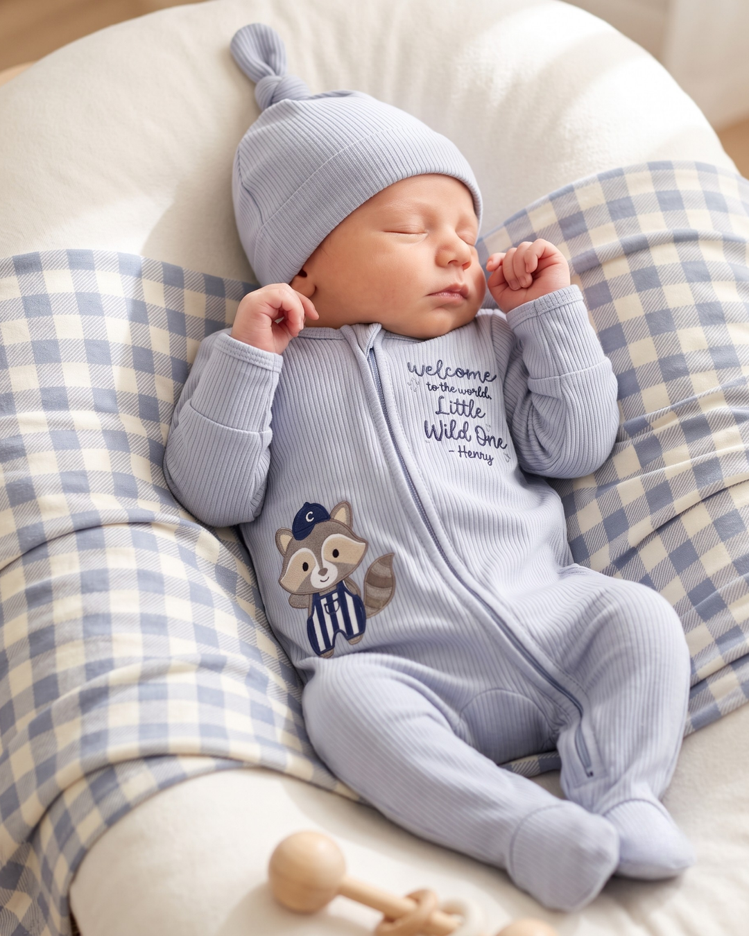 Custom Name Little Wild One Raccoon Embroidered Ribbed Bamboo Zipper Footie