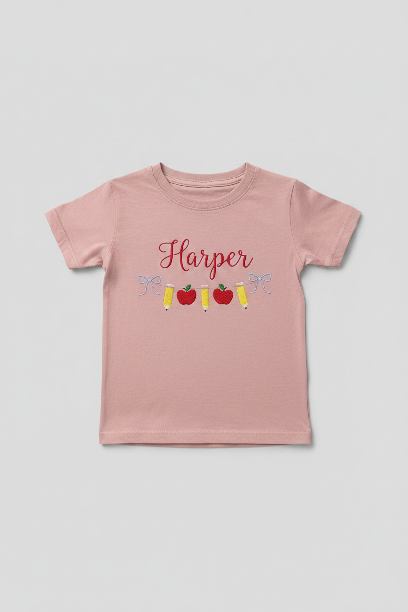 Custom Name Pencil Charm Embroidered Bamboo Crewneck T-Shirt