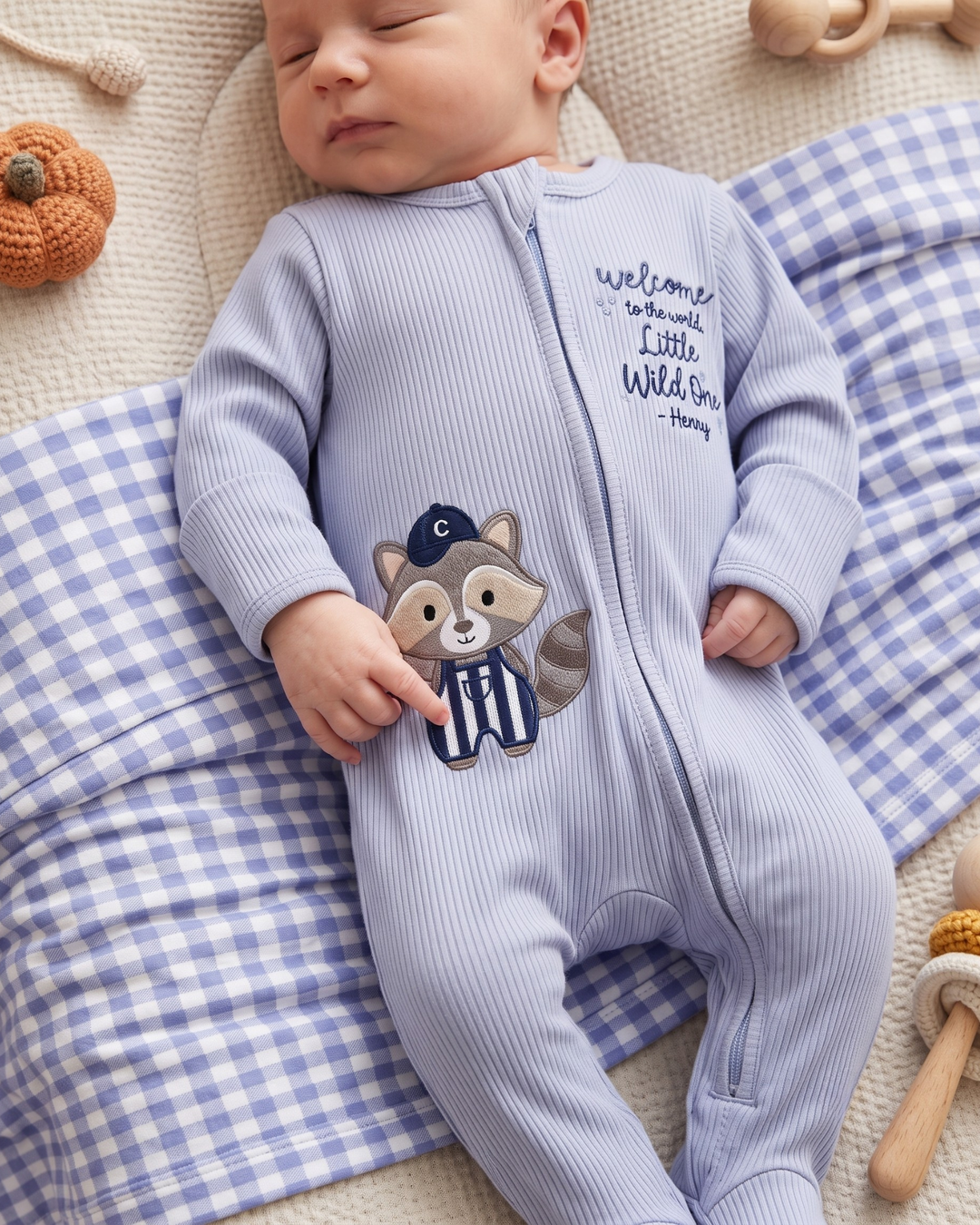 Custom Name Little Wild One Raccoon Embroidered Ribbed Bamboo Zipper Footie