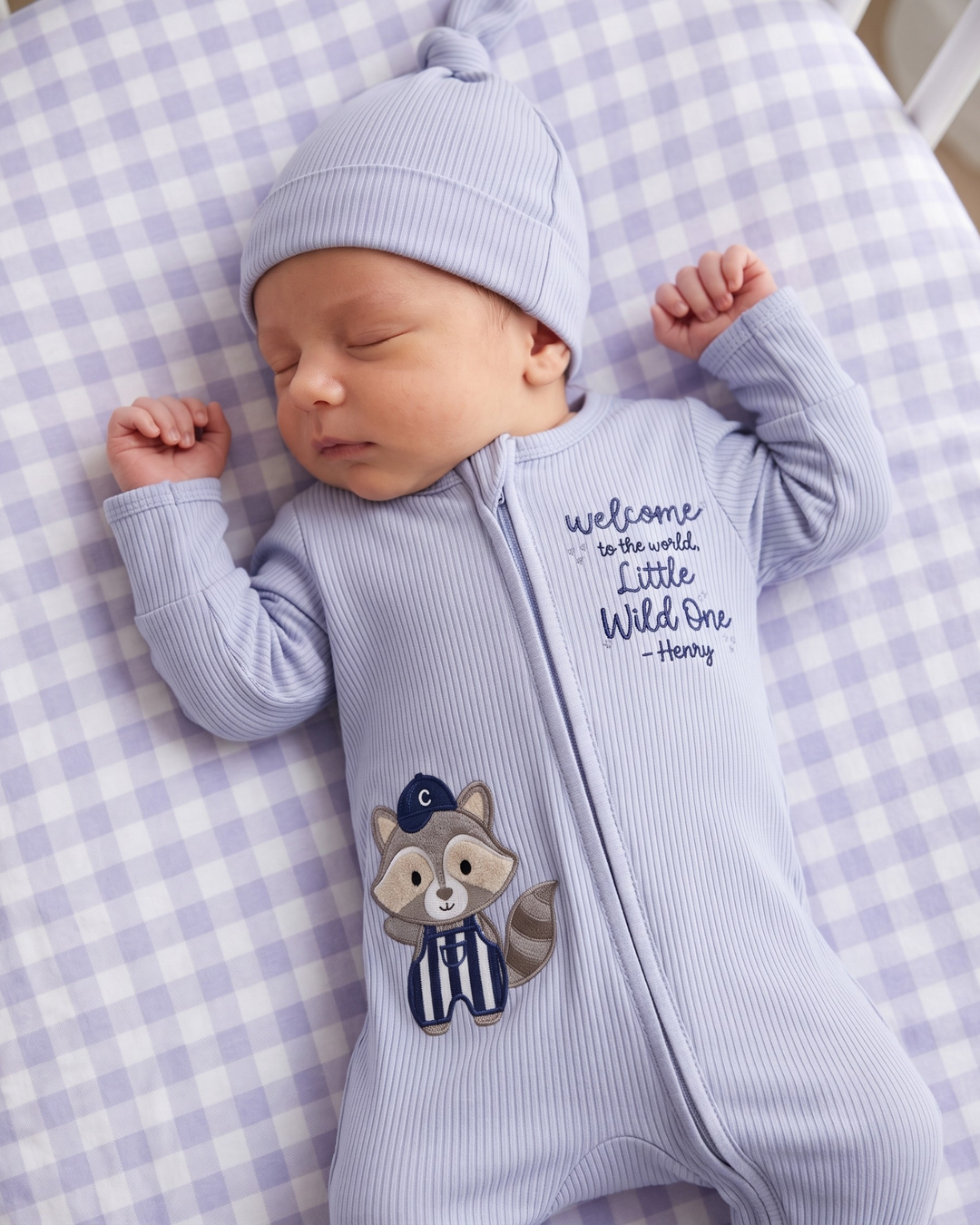 Custom Name Little Wild One Raccoon Embroidered Ribbed Bamboo Zipper Footie