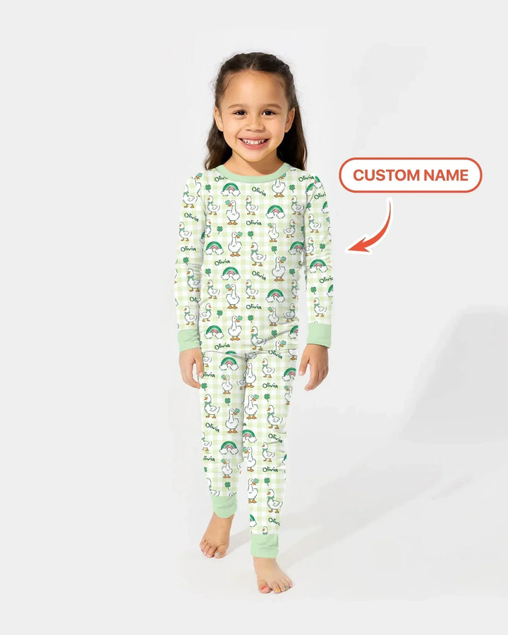 Custom Name Lucky Ducks Bamboo Two Piece Long Sleeve Pajama Set