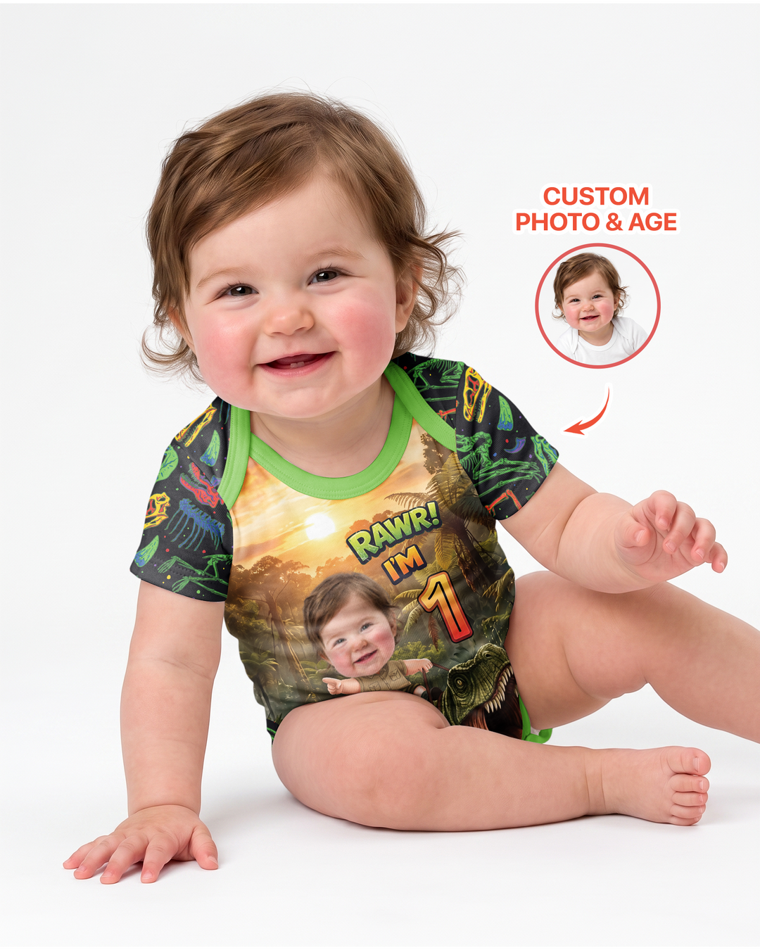 Custom Photo Dino Rawr Birthday Bamboo Bodysuit