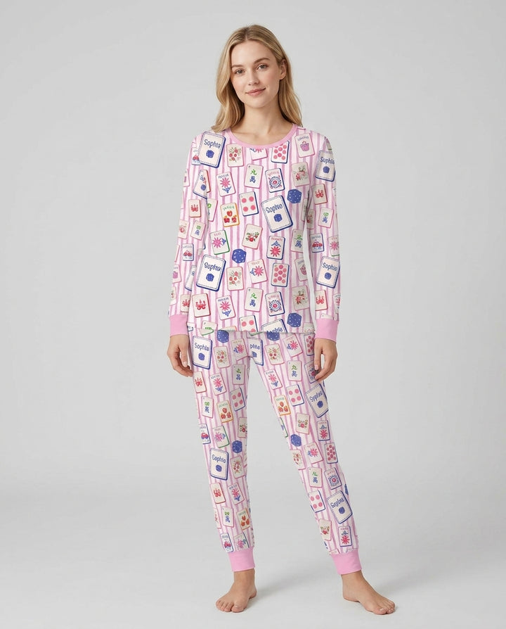 Coastal Mahjong Custom Name Mommy & Me Matching Bamboo Women Pajama Set