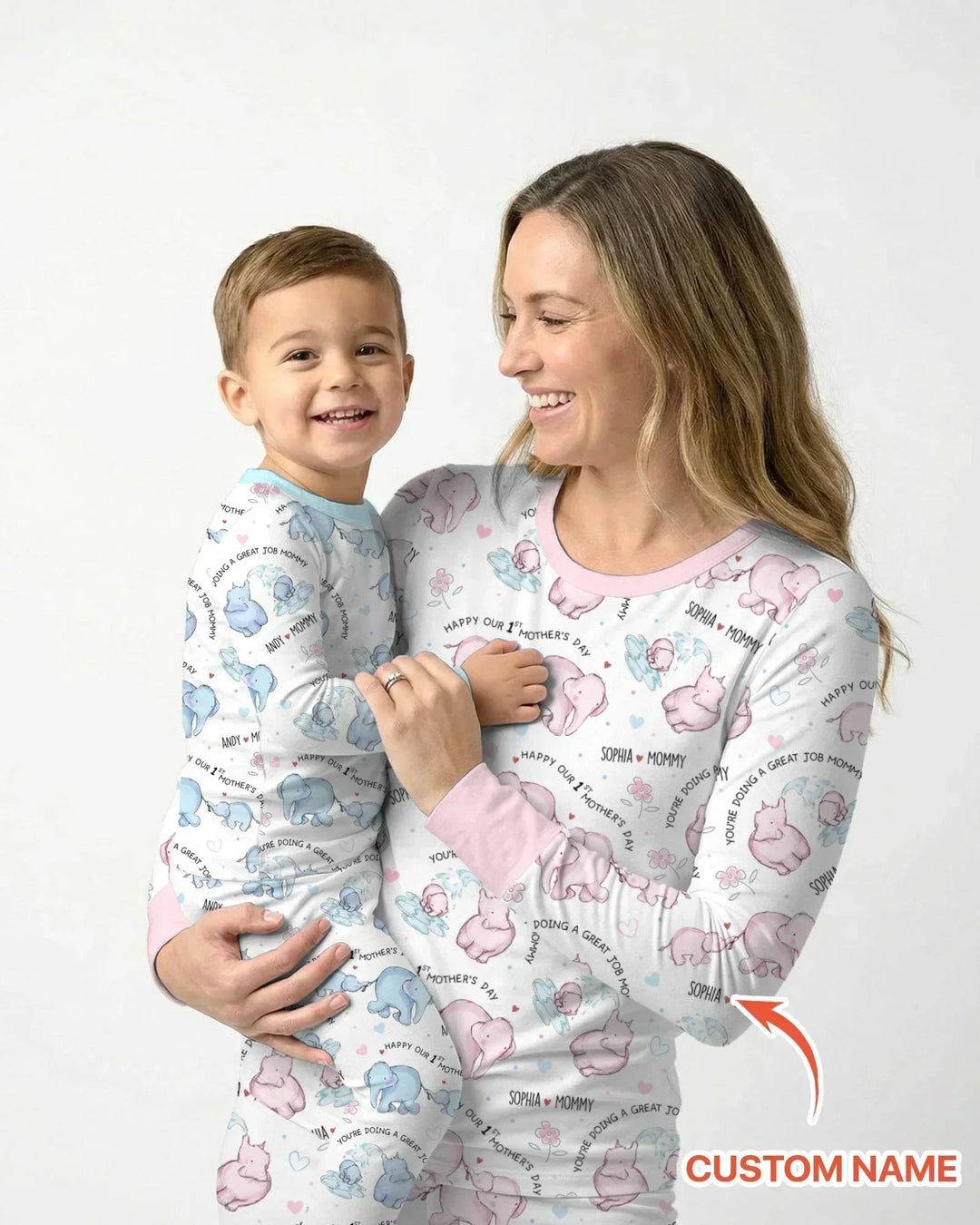 Pyjama-Set für Damen mit Namen, Mutter- und Baby-Elefant aus Bambus