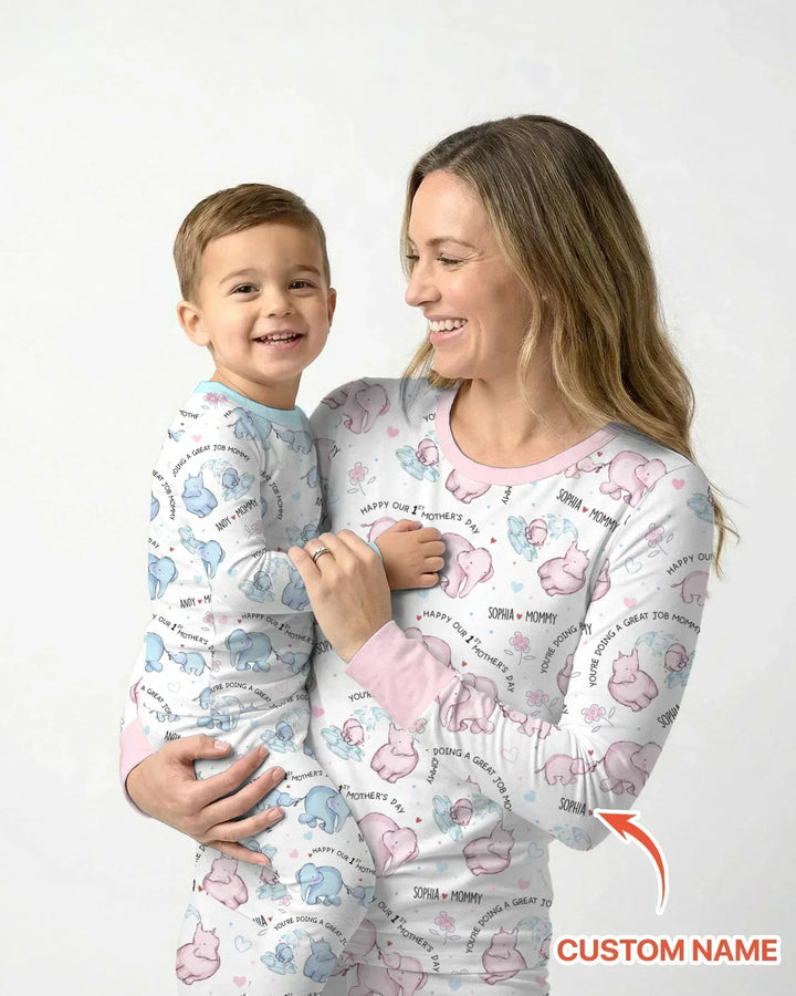 Pyjama-Set für Damen mit Namen, Mutter- und Baby-Elefant aus Bambus