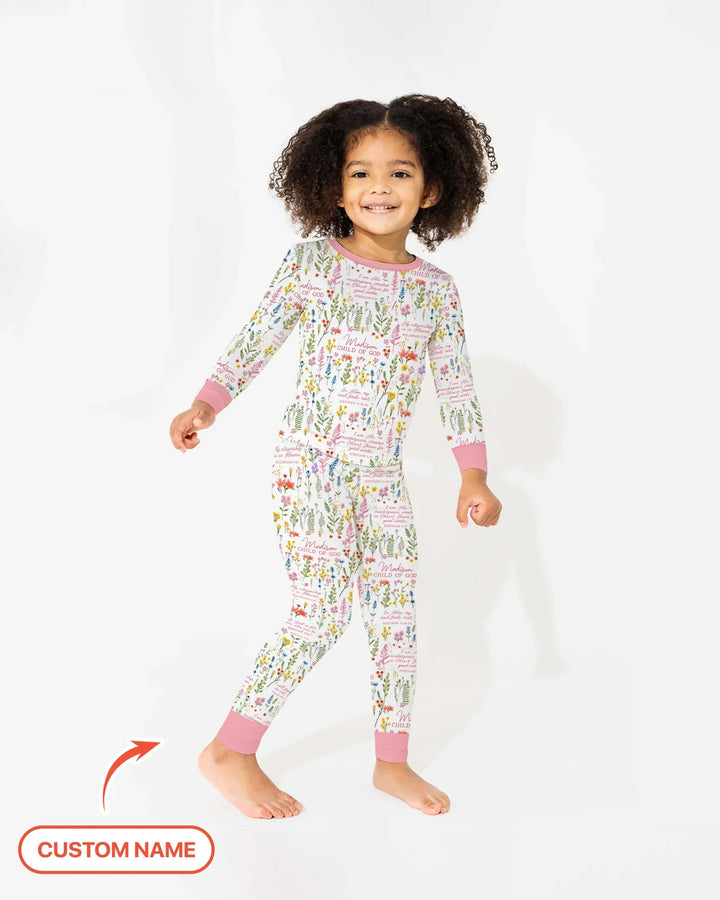 Custom Name Child of God Flower Garden Bamboo Two Piece Long Sleeve Pajama Set