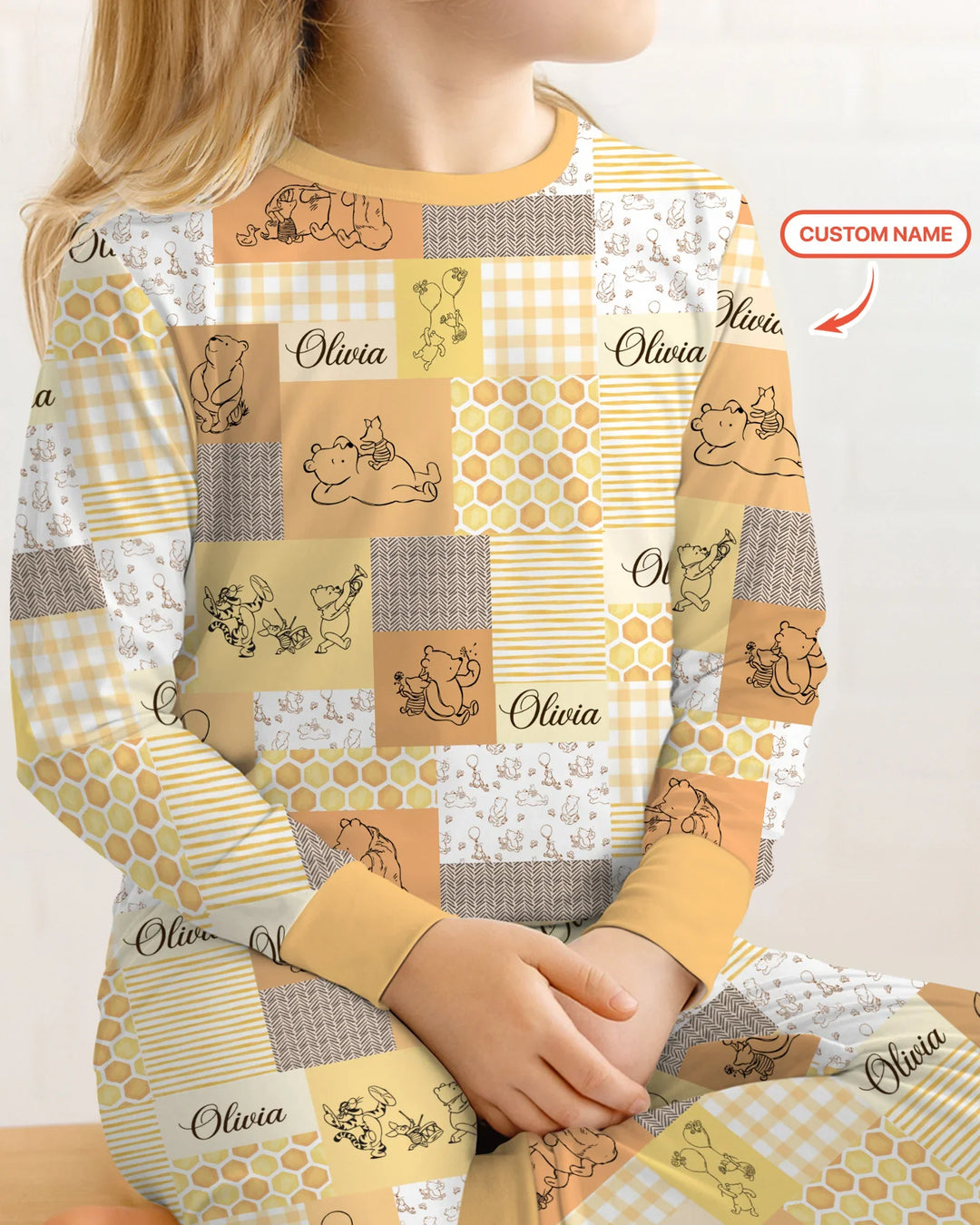 Personalized Classic Bear Patchwork  Bamboo Two Piece Long Sleeve Pajama Set