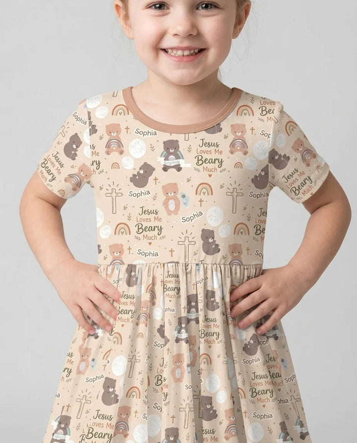 Custom Name Jesus Loves Me Beary Much Bamboo Twirl Dress