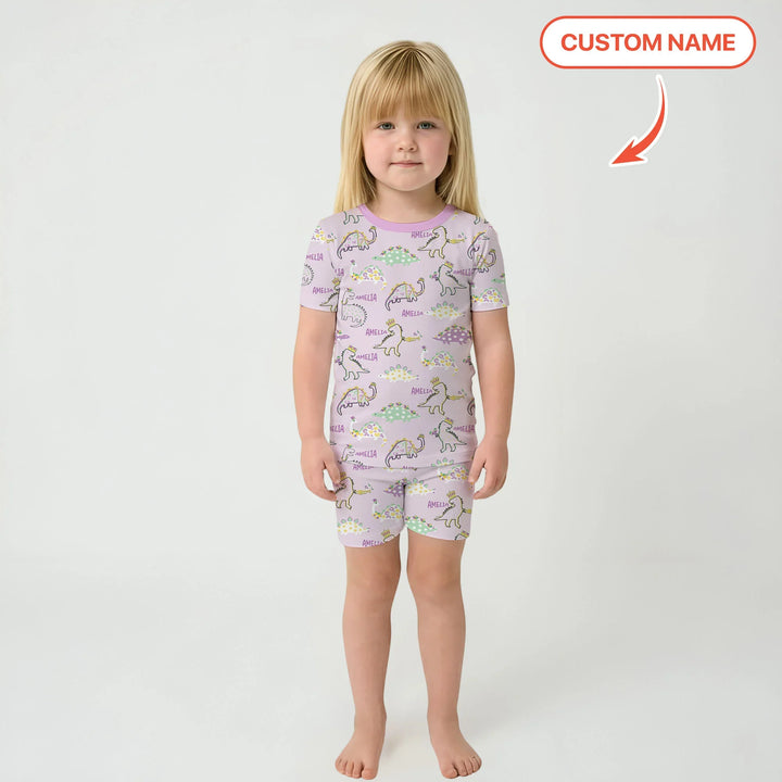 Custom Name Mardi Gras Saurus Bamboo Two Piece Short Sleeve Shorts Pajama Set