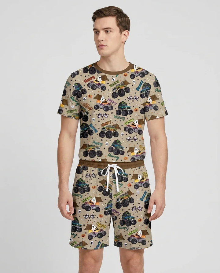 Custom Name Halloween Creepy Crusher Family Matching Bamboo Men Short Sleeve Short Pajama Set