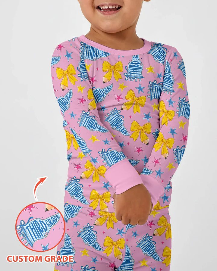 Pencil Bow Back To School Bamboo Two Piece Long Sleeve Pajama Set