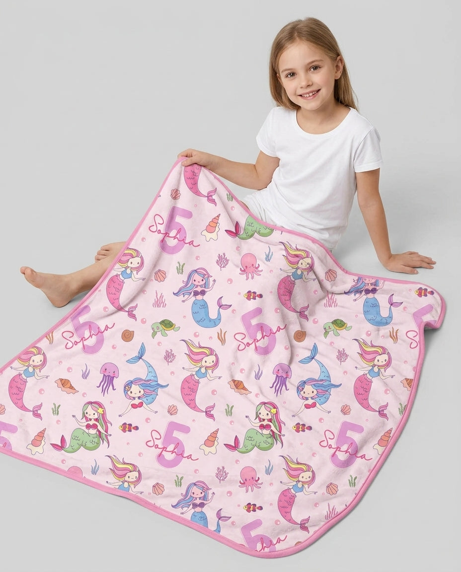 Custom Name Birthday Mermaid Bamboo Blanket