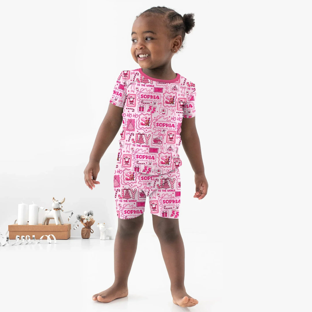 Custom Name Preppy Pink Christmas Two Piece Short Sleeve Shorts Pajama Set , Custom Name Preppy Pink Christmas Two Piece Short Sleeve Shorts Pajama Set - 12-18M
