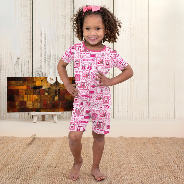 Custom Name Preppy Pink Christmas Two Piece Short Sleeve Shorts Pajama Set , Custom Name Preppy Pink Christmas Two Piece Short Sleeve Shorts Pajama Set - 12-18M