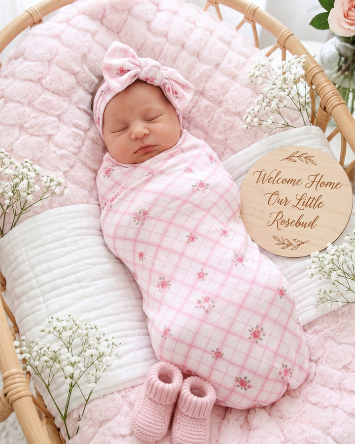 Pink Rose Gingham Bamboo Swaddle Blanket