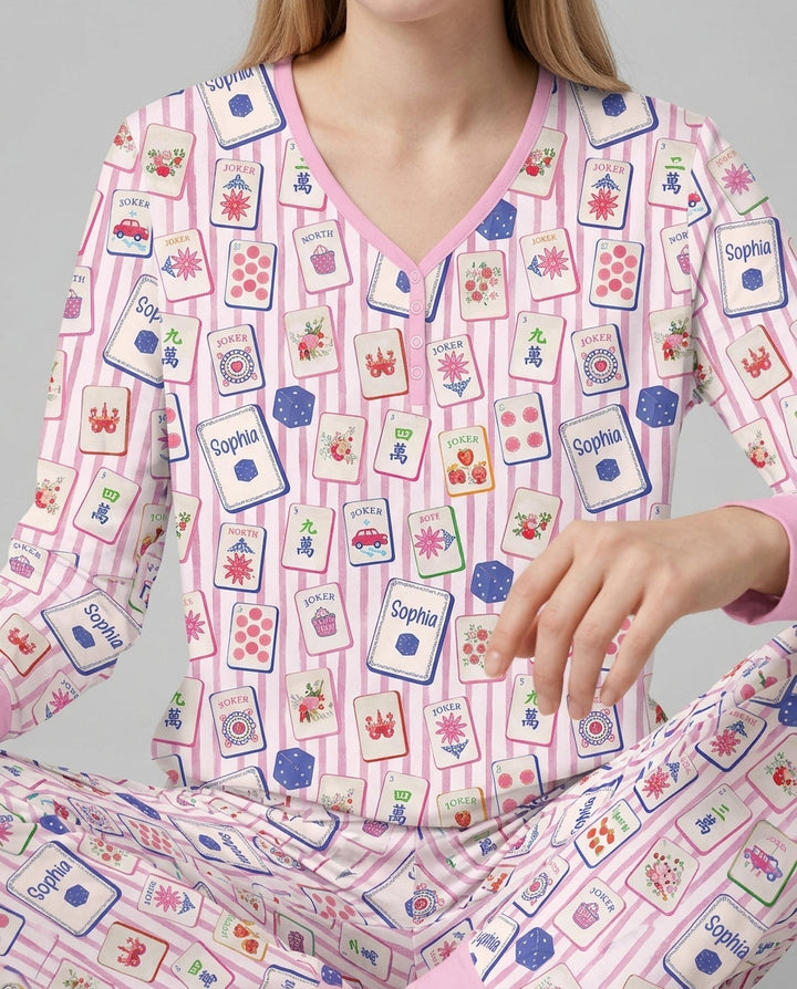 Coastal Mahjong Custom Name Mommy & Me Matching Bamboo Women Pajama Set