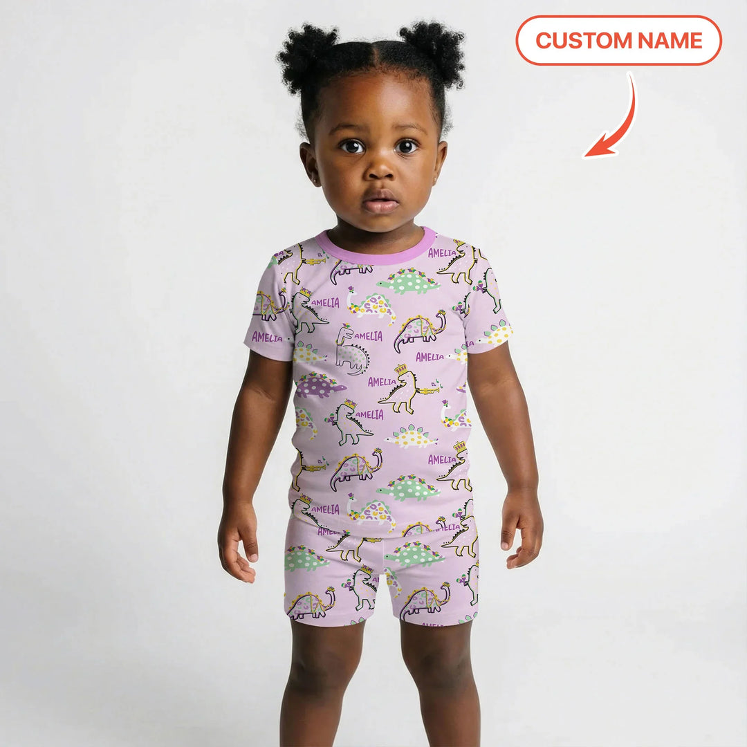 Custom Name Mardi Gras Saurus Bamboo Two Piece Short Sleeve Shorts Pajama Set