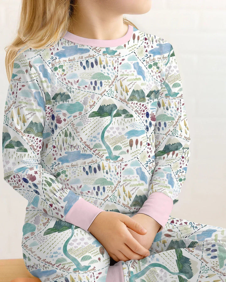 Whimsical Psalms 23 Map Bamboo Two Piece Long Sleeve Pajama Set
