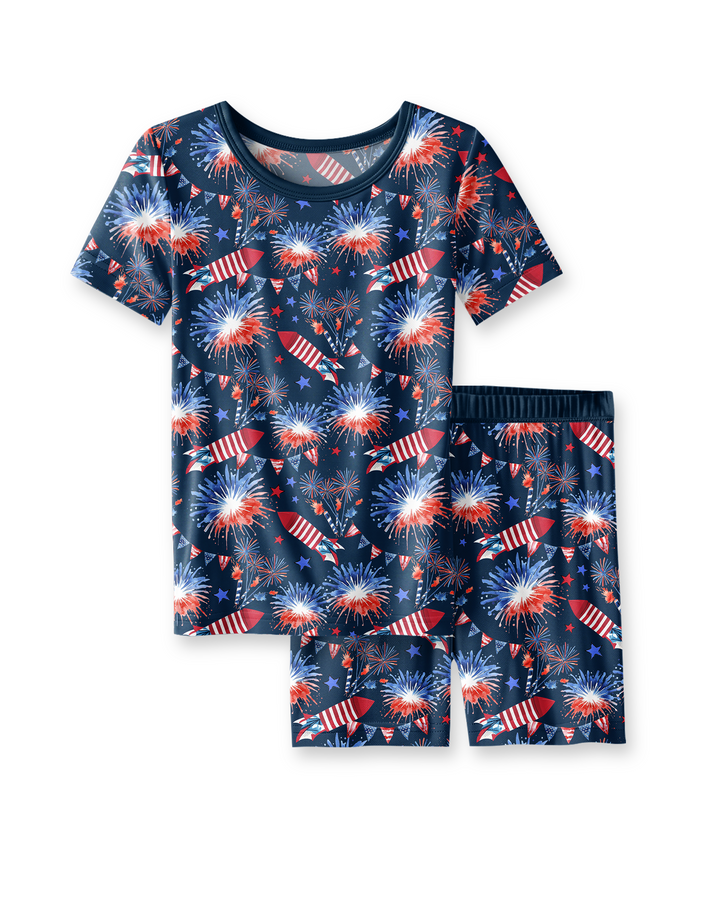 Feuerwerk Bambus Zweiteiliger Kurzarm-Shorts Pyjama-Set