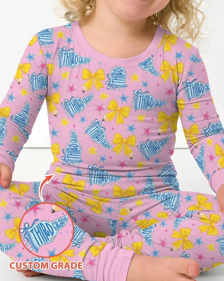 Pencil Bow Back To School Bamboo Two Piece Long Sleeve Pajama Set