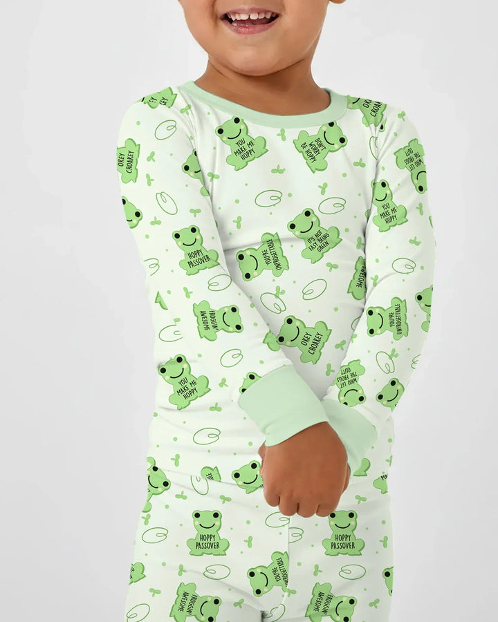Marzipan Passover Conversation Frogs Bamboo Two Piece Long Sleeve Pajama Set