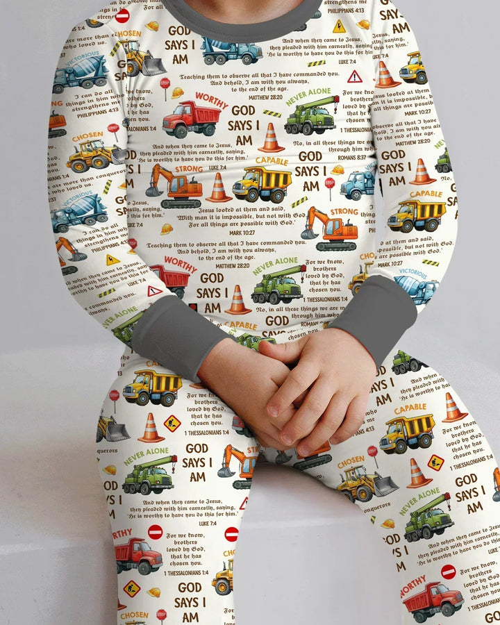 Bible Verse Construction Trucks Bamboo Two Piece Long Sleeve Pajama Set